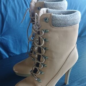 JustFab Tan Heeled Boots with Knit Collar
